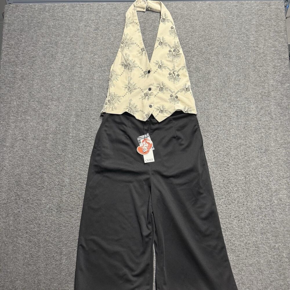 NWT Cider Halter Top Pant Set Women's Small Black/Cream Floral Suit Wide Leg NEW